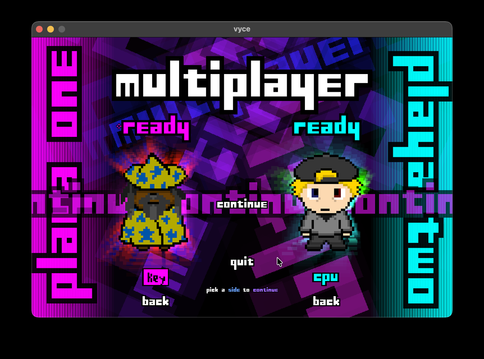 Multiplayer setup: player one / player two, key and CPU tokens